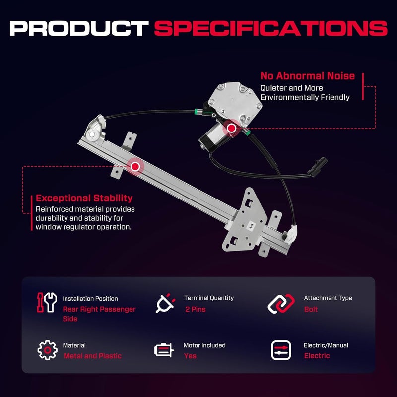 XIMAKA Rear Passenger Side Power Window Regulator with Motor (2 Pins) Fit for 2000-2004 Dodge Dakota (Crew Cab Only Cable Operated), 1998-2003 Durango, 741-599 - Image 3